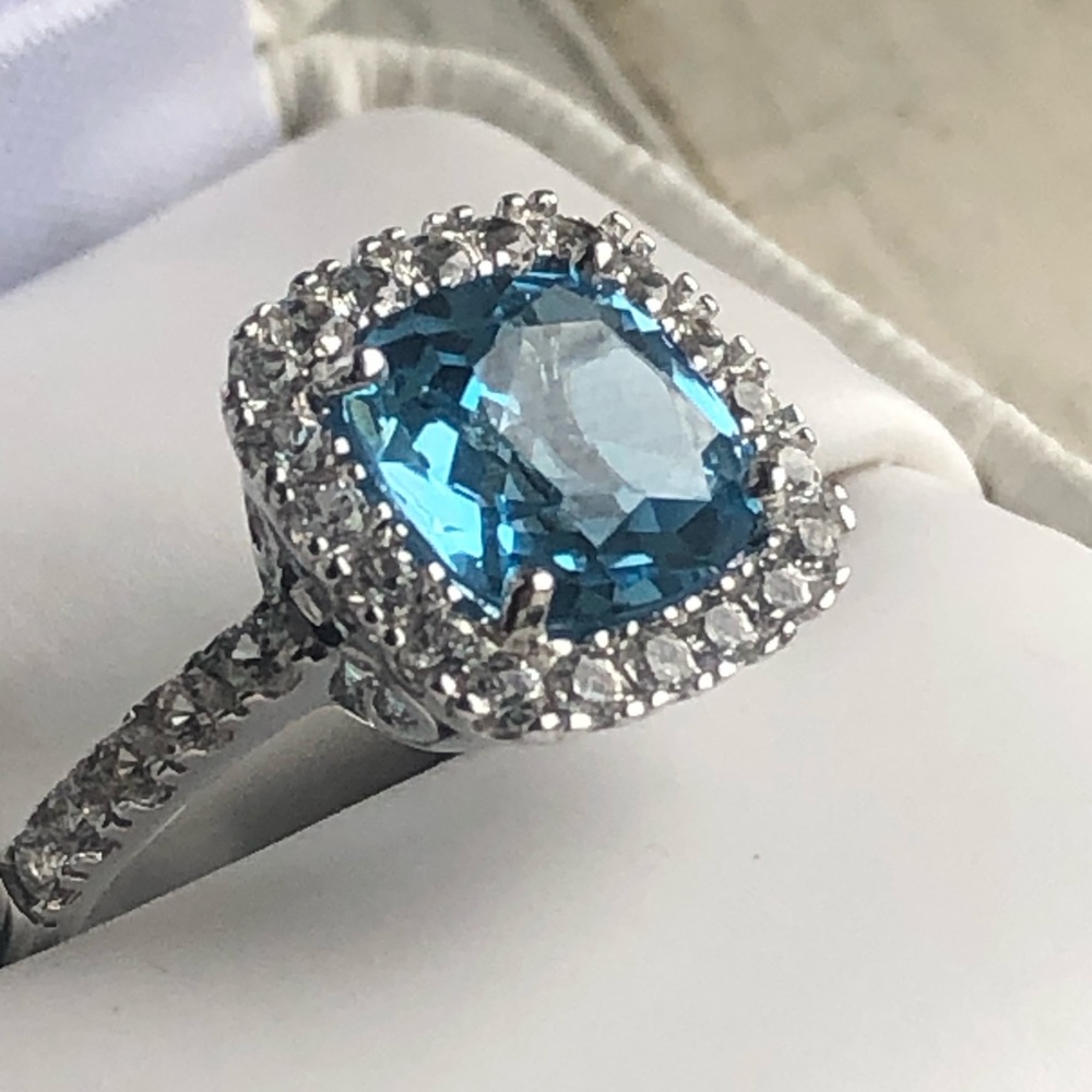 Blue topaz 4.66 carat diamond pave cocktail ring - gorgeous- size 7.25 -sterling